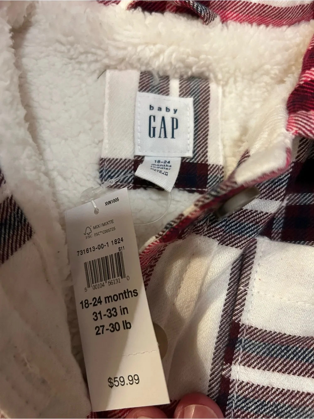 GAP Girls Plaid Button-Down Shirt Jacket in White, Pink & Gray. NWT